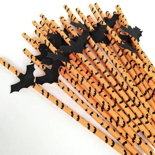 25x ORANGE AND BLACK BAT DRINKING PAPER STRAWS - Winterberries