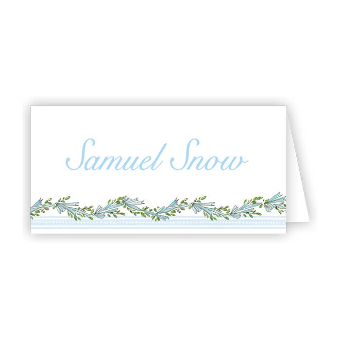 Handpainted Blue Ribbon and Bows Border Place Card - Winterberries