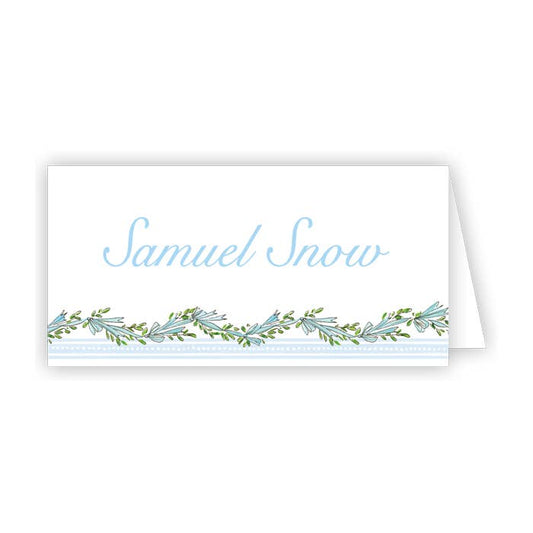 Handpainted Blue Ribbon and Bows Border Place Card - Winterberries