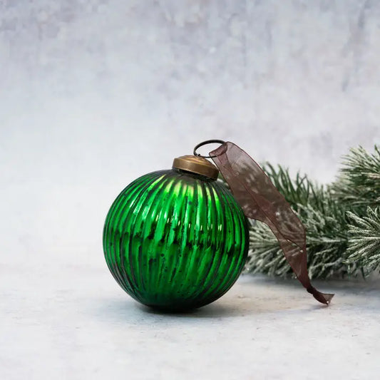 3" Emerald Glass Ribbed Ornament - Winterberries