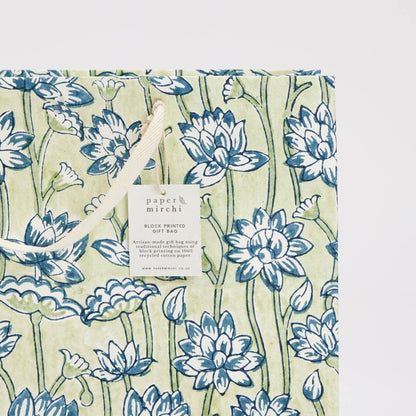 x1 Hand Block Printed Gift Bags (Large) - Indigo - Winterberries
