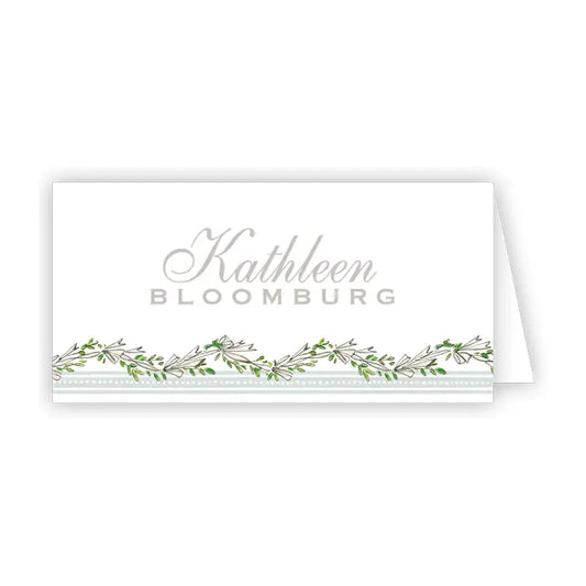 Handpainted Grey Ribbon and Bows Border Place Card - Winterberries