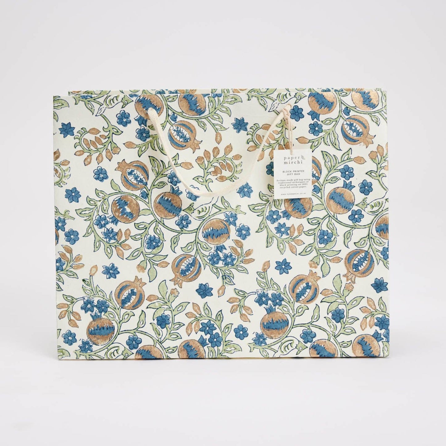 x1 Hand Block Printed Gift Bags (Large) - Indigo - Winterberries
