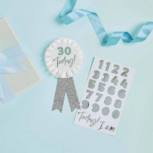 BLUE MILESTONE BIRTHDAY BADGE WITH PERSONALISED STICKERS