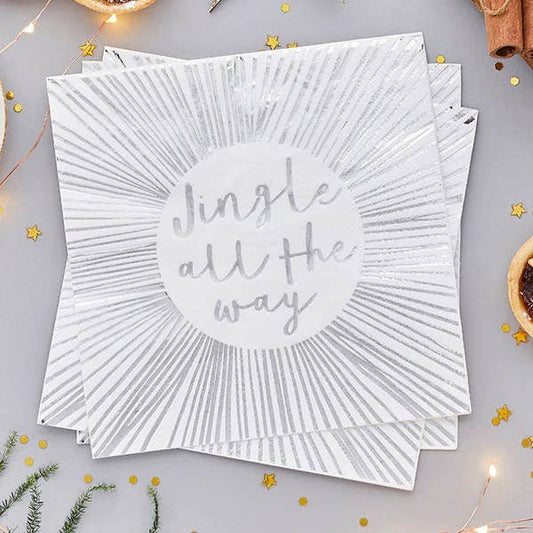 X16 SILVER 'JINGLE ALL THE WAY' PAPER NAPKINS