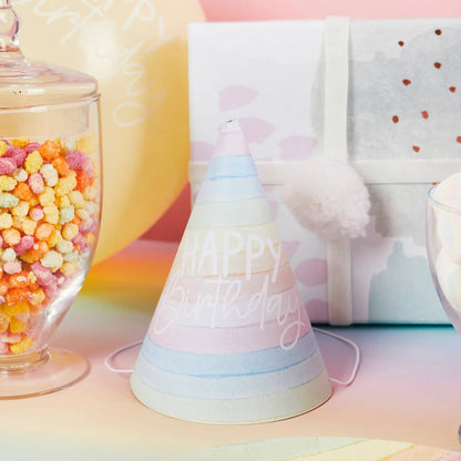 x10 PASTEL RAINBOW 'HAPPY BIRTHDAY' PAPER HATS - Winterberries