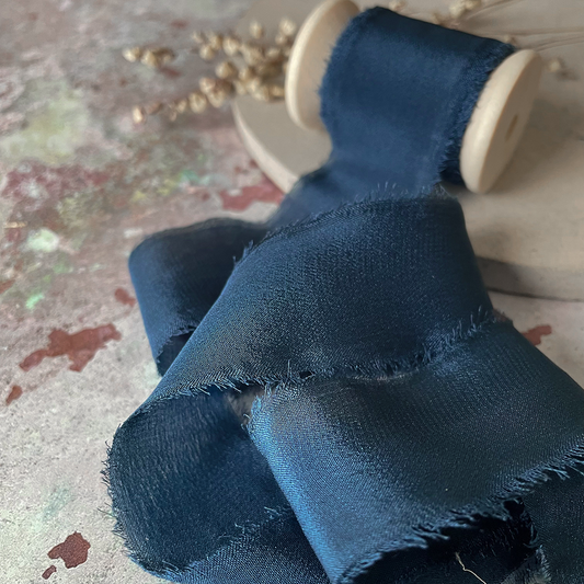 25mm Silk Ribbon in Navy - Winterberries