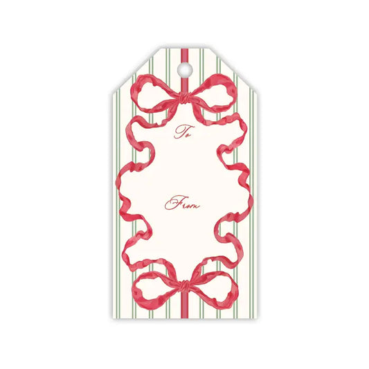 Gift Tag Red Bow Green Striple - Winterberries